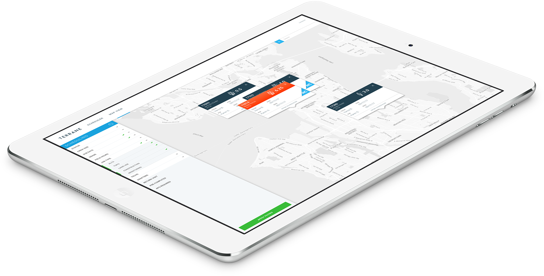 A tablet displaying the Terrane UX and interactivity