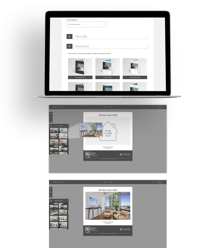 Laptop displaying screens from DASH Marketing real-estate web app.